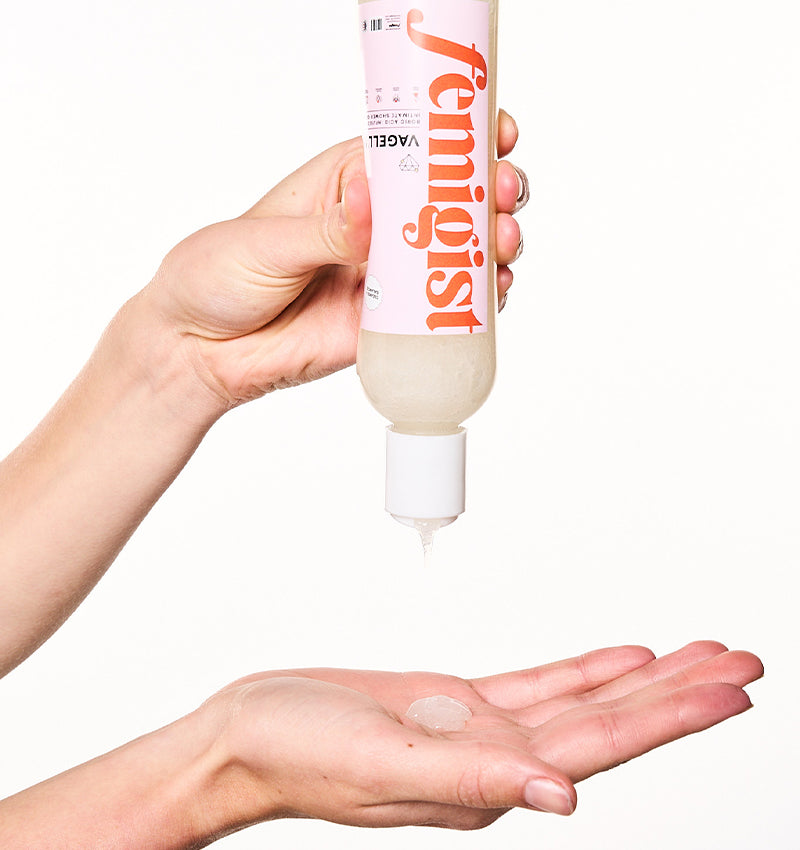 Femigist Vagelly Feminine Wash – pH-balanced formula being dispensed onto hand for intimate care and odor control