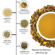 Femigist Balancing Brew Ingredients: Ginger Root, Licorice Root, Lady's Mantle, Fennel Seed, and Raspberry Leaf. Supports hormonal balance, cramp relief, and cycle regulation.