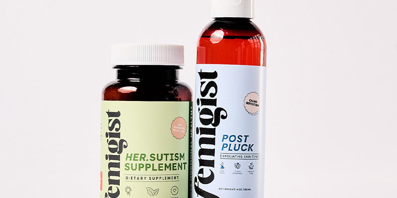 Femigist Chin Kit products: HER.sutism Supplement, Post Pluck exfoliating toner, and Skin Roller. A complete solution for chin hair, ingrown hairs, and dark marks