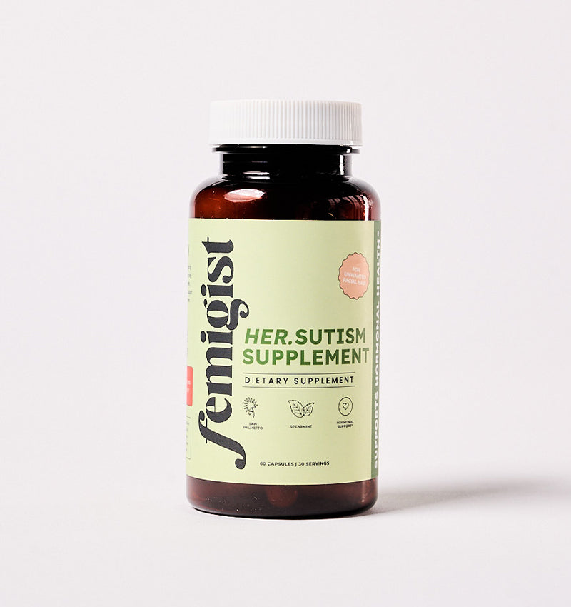 Femigist Her.sutism Supplement Bottle – Dietary supplement for reducing facial hair in women.